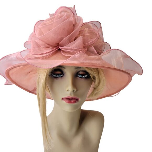 Dusty Rose Dress Hat Pink Organza Packable Ruffles Frilly Wedding Hat - Picture 4 of 15